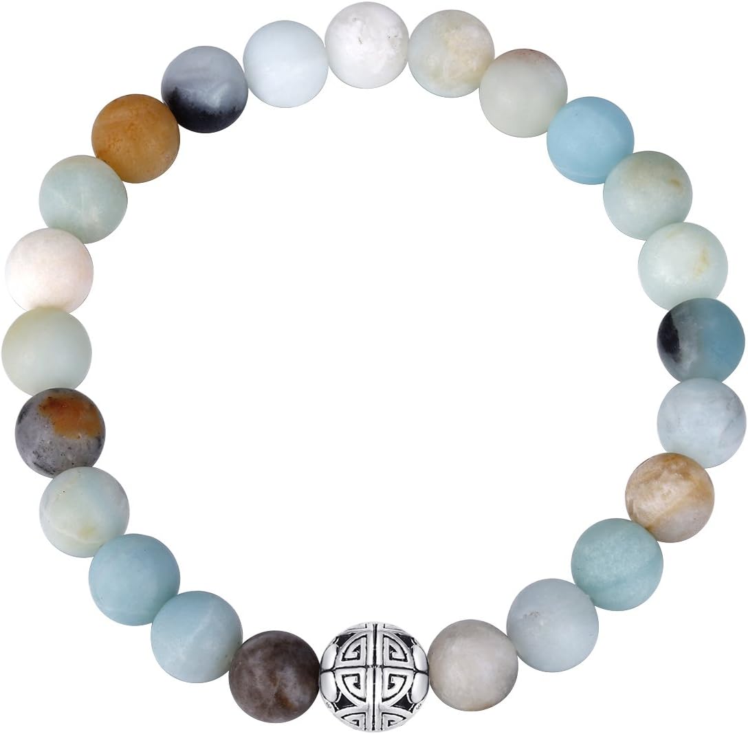 MetJaktNatural 8mm Gemstones Healing Crystal Stretch Beaded Bracelet Bangle with 925 Sterling Silver Double Happiness Pendant