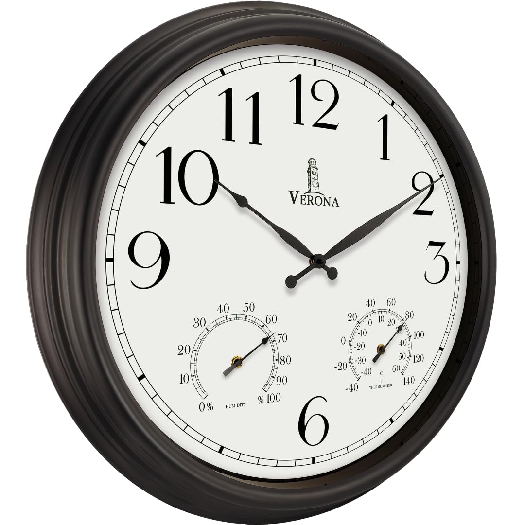 24 inch Outdoor Clocks for Patio Large Waterproof with Thermometer - Black Outdoor Wall Clock with Temperature and Humidity Combo - Weatherproof,