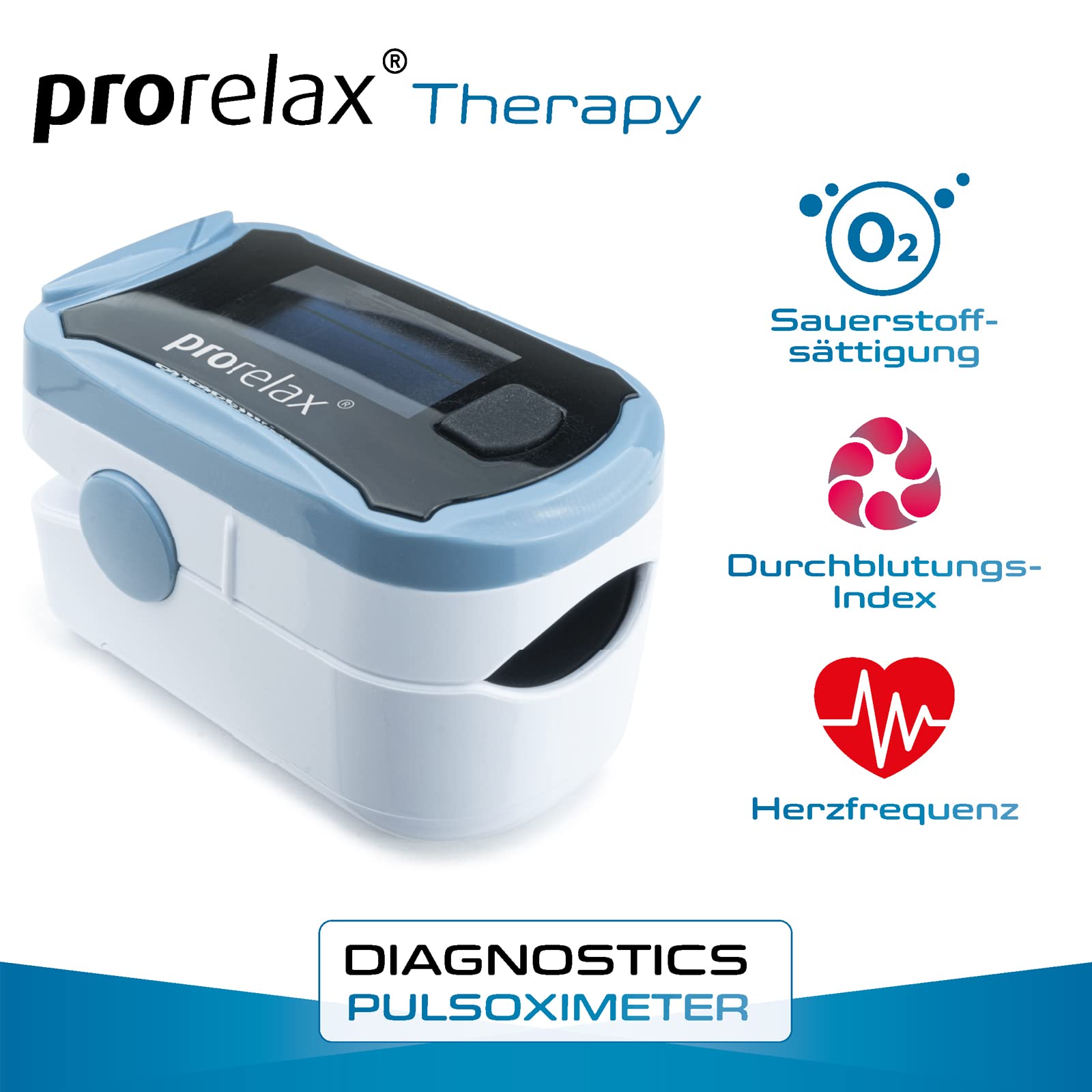 prorelax Pulsoximeter | Zur Selbstkontrolle von Herz-Frequenz, Puls-Frequenz und arterieller Sauerstoffsättigung | Einfache Messung am Finger | LED-Display mit großen Ziffern
