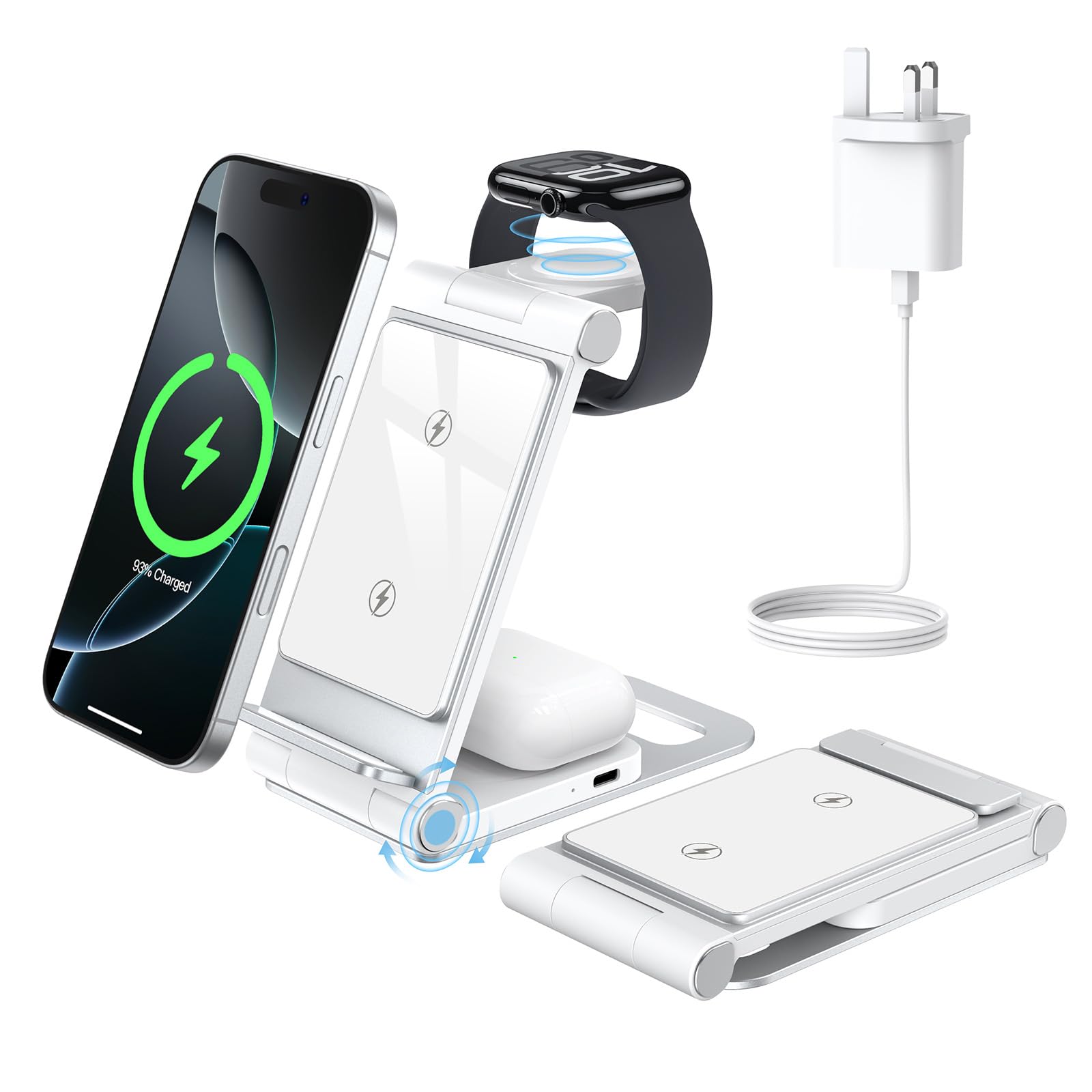 Wireless Charging Station for iPhone Wireless Charger 3 in 1 Charging Station for Apple,Foldable Stand for iPhone 16/15/14/13/12/11,for iWatch 10/9/Ultra/8/SE/7/6/5,for Airpods Pro 3 2 Silvery White