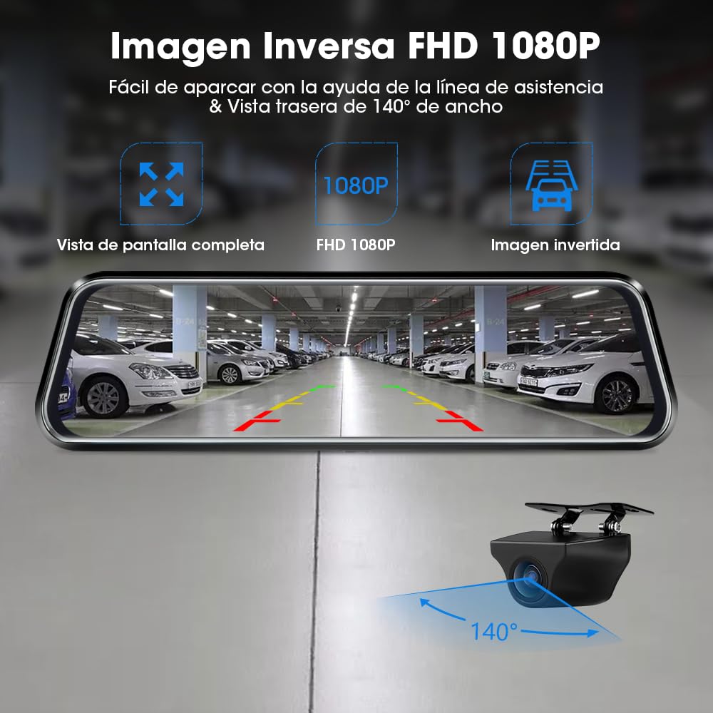 Jansite 10" Mirror Dash CCM Cámara Frontal de Coche Pantalla Tácti Retrovisor, Delantera y Trasera 1080P Streaming Media con Cables de 10 m Lente Doble Súper Visión Nocturna Gran Angular de 170°