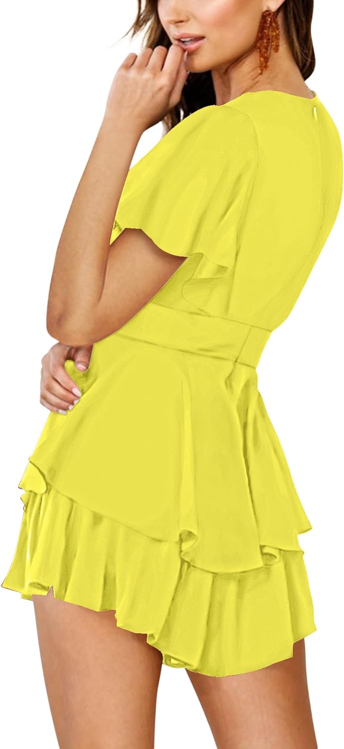 Relipop Women's Floral Rompers Jumpsuits V Neck Short Baggy Sleeve Waist Tie Double Layer Ruffle Hem Romper 2026 Trendy - Image 2