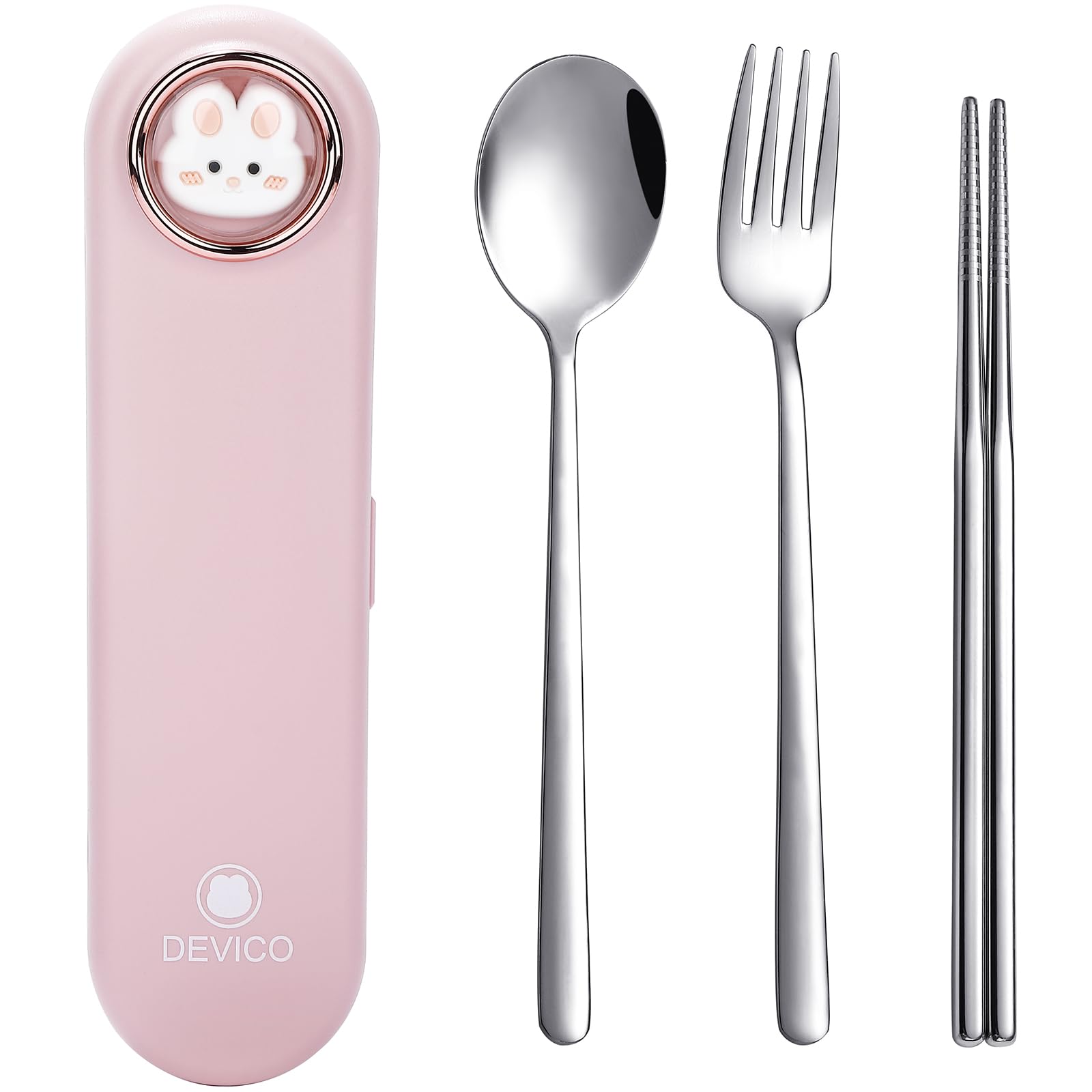DEVICO Travel Utensils with Case Cute, Reusable Silverware for Lunch, Portable Cutlery Set, 18/8 Stainless Steel Fork Spoon Chopsticks in Cartoon Case, Dishwasher Safe (Pink)