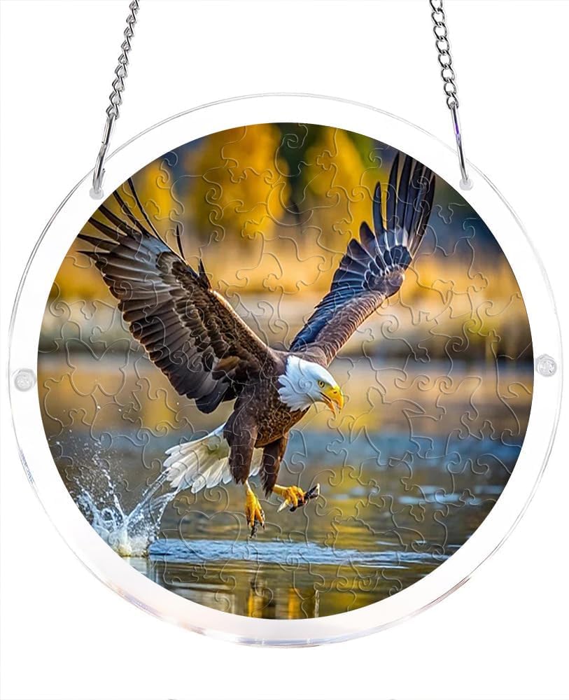 Bald Eagle in Flight Over Water Acrylic Jigsaw Puzzles Suncatcher, 8.9 Inch Window Hanging Suncatcher Acrylic Puzzle, DIY Home Decor Art Gift