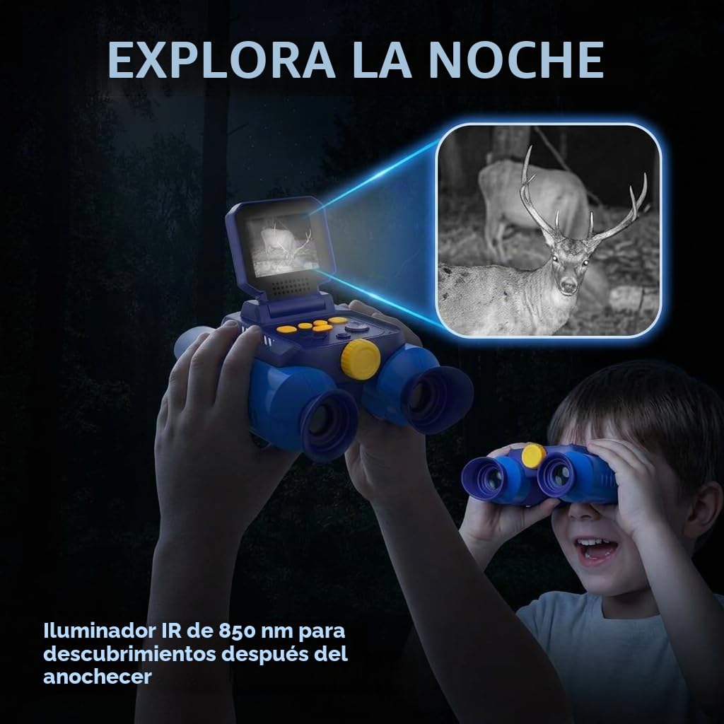 Prismáticos Niños con Zoom Óptico 10x y Cámara - Fotos 48 MP y Video 1080P, Visión Nocturna 25m, Aptos a Partir de 3 Años, Ideales para Observación de Animales y Naturaleza | Azul Oscuro