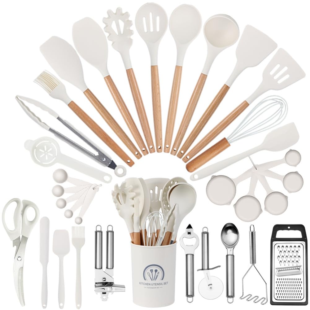 Chef Küchenhelfer-Set Aus Silikon, 34-Teilig, Hitzebeständig, Küchenhelfer und Werkzeuge mit Reibe, Cremeweiß