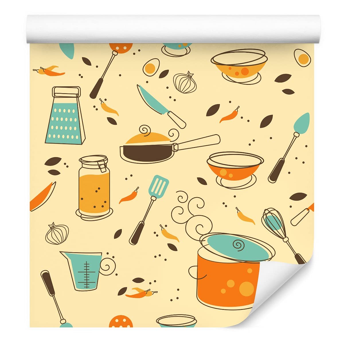 Muralo Tapeta 10 m, rolka włókniny, sztućce, noże, garnki, patelnie, warzywa, tapeta z włókniny, 1000 x 53 cm, tapeta ścienna, do salonu, sypialni, nowoczesna dekoracja ścienna