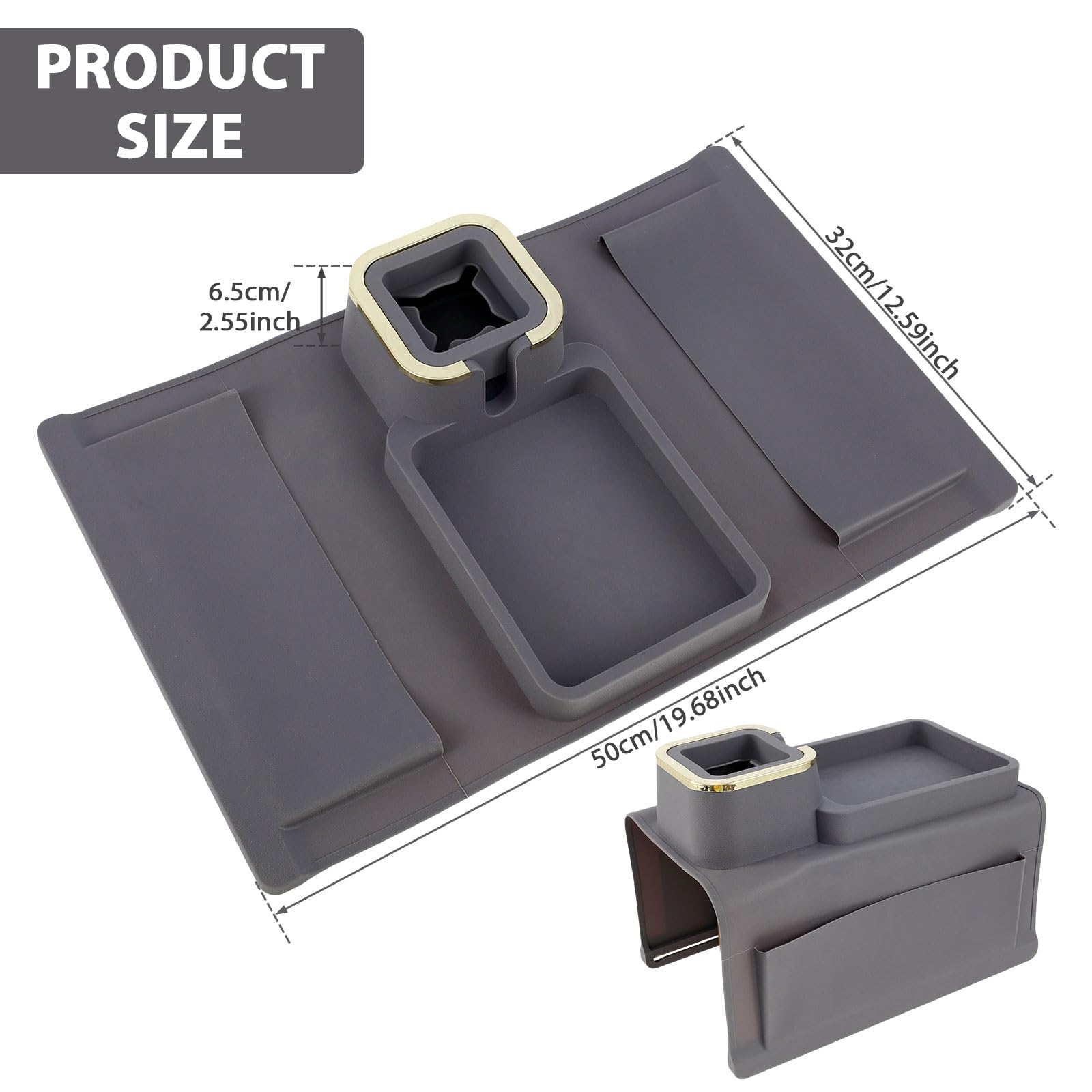 Bandeja para portavasos de sofá, bandeja antideslizante para reposabrazos de sofá, soporte multifuncional para sofá, bandeja para reposabrazos de sofá, bandeja gris con portavasos para vasos, gafas