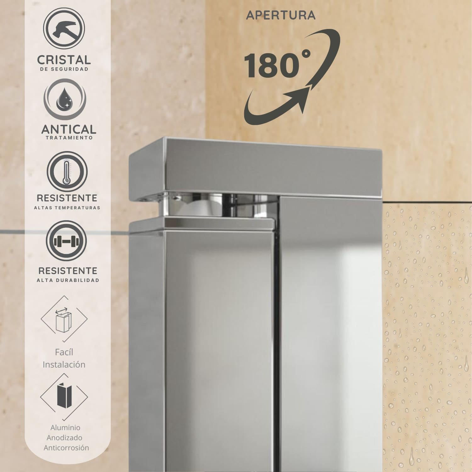 Mampara de bañera frontal hoja fija + abatible 180º- Transparente - Cristal templado 6 mm Antical - Cromo- Ancho 50cm fijo + 75cm abatible– H= 150cm