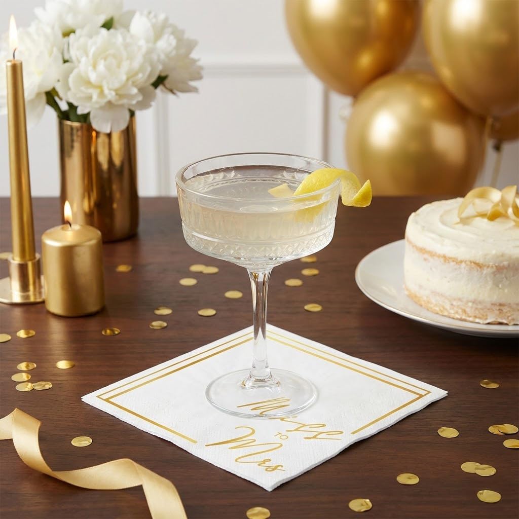 Bridal Shower - 50PCS White & Gold Foil Cocktail Napkins, 3-Ply Disposable Paper 5x5 Inches Miss to Mrs Napkins Decorations, Bridal Shower, Wedding, Anniversary, Party Men & Women