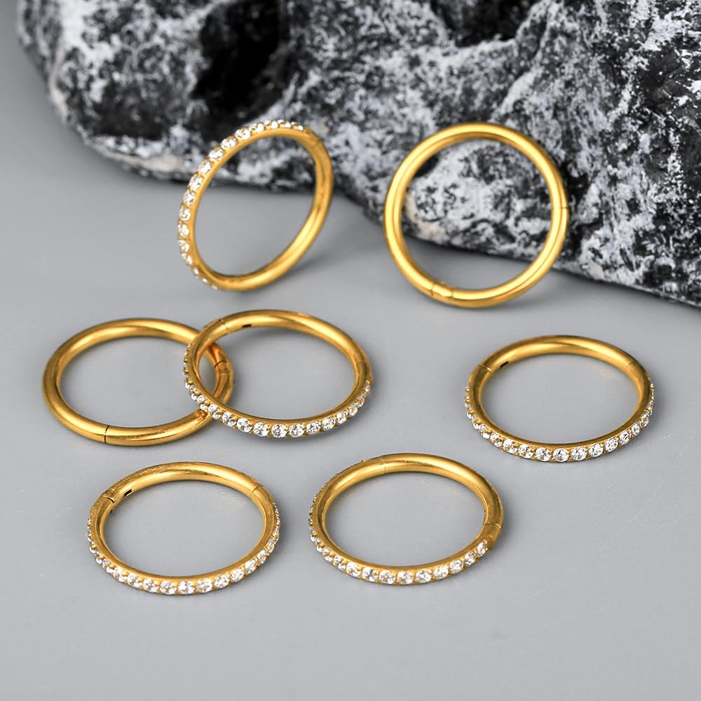 Paquete de 10 anillos de aro para tabique con circonita cúbica, 6G/1,2 x (6-8-10) mm, anillos de nariz de acero inoxidable quirúrgico, aretes de aro para cartílago, aretes de aro para roook,
