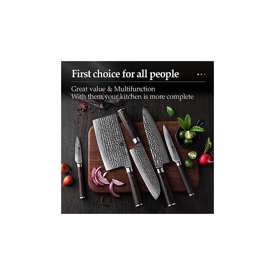 Damascus Knife Set, 6 PCS Utility Chef Knives Sets - 67 Layers Damascus Stainless Steel - Excellent Acacia Wood Knife Block Kitchen Knife Set