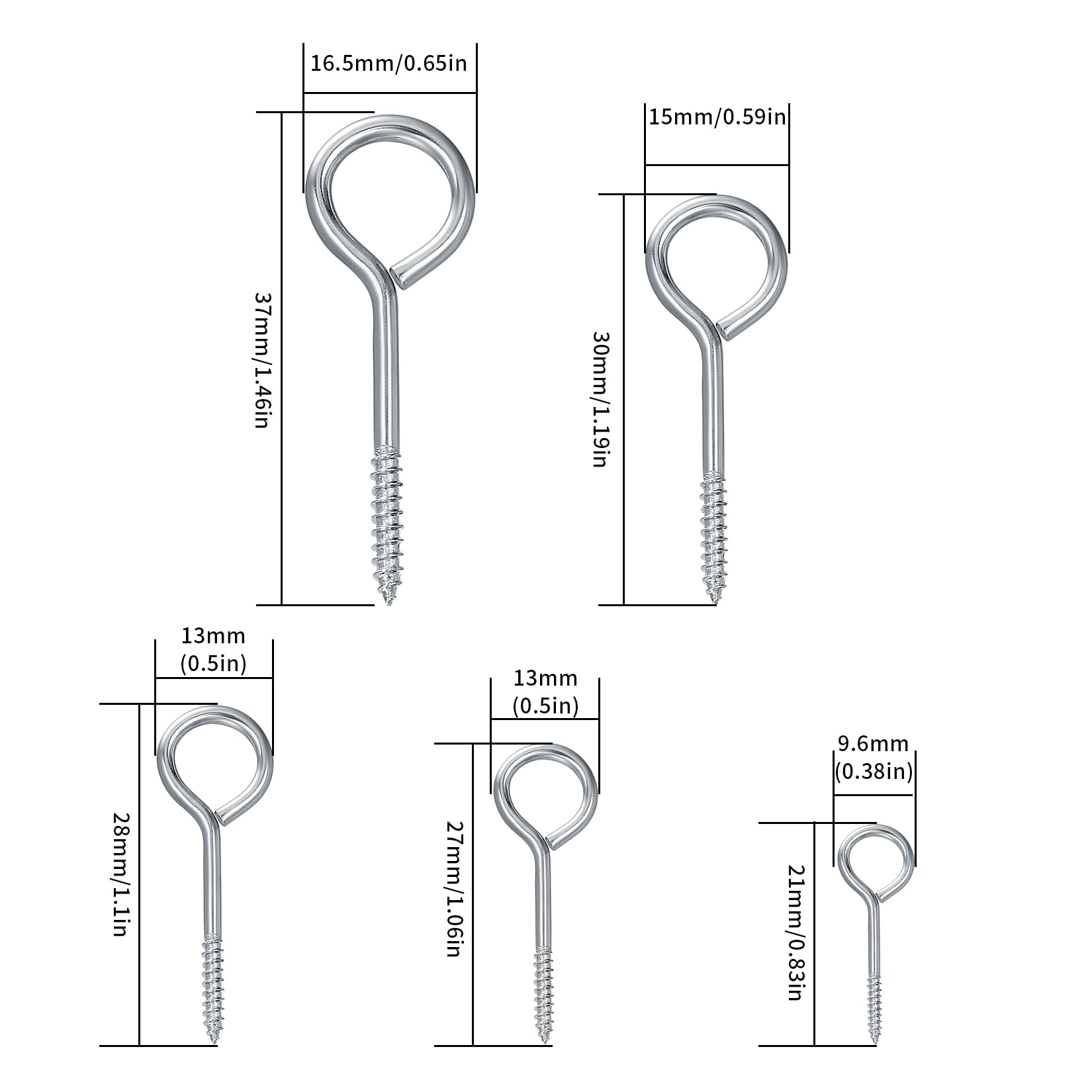 SZSLMY 105 Pcs Screw in Eye Hooks, Screw Eye Pins Hook, Eyelet Screws, Hooks and Eyes Set for Wood, Ring Wall Hangers, 25mm/35mm/40mm/50mm/65mm