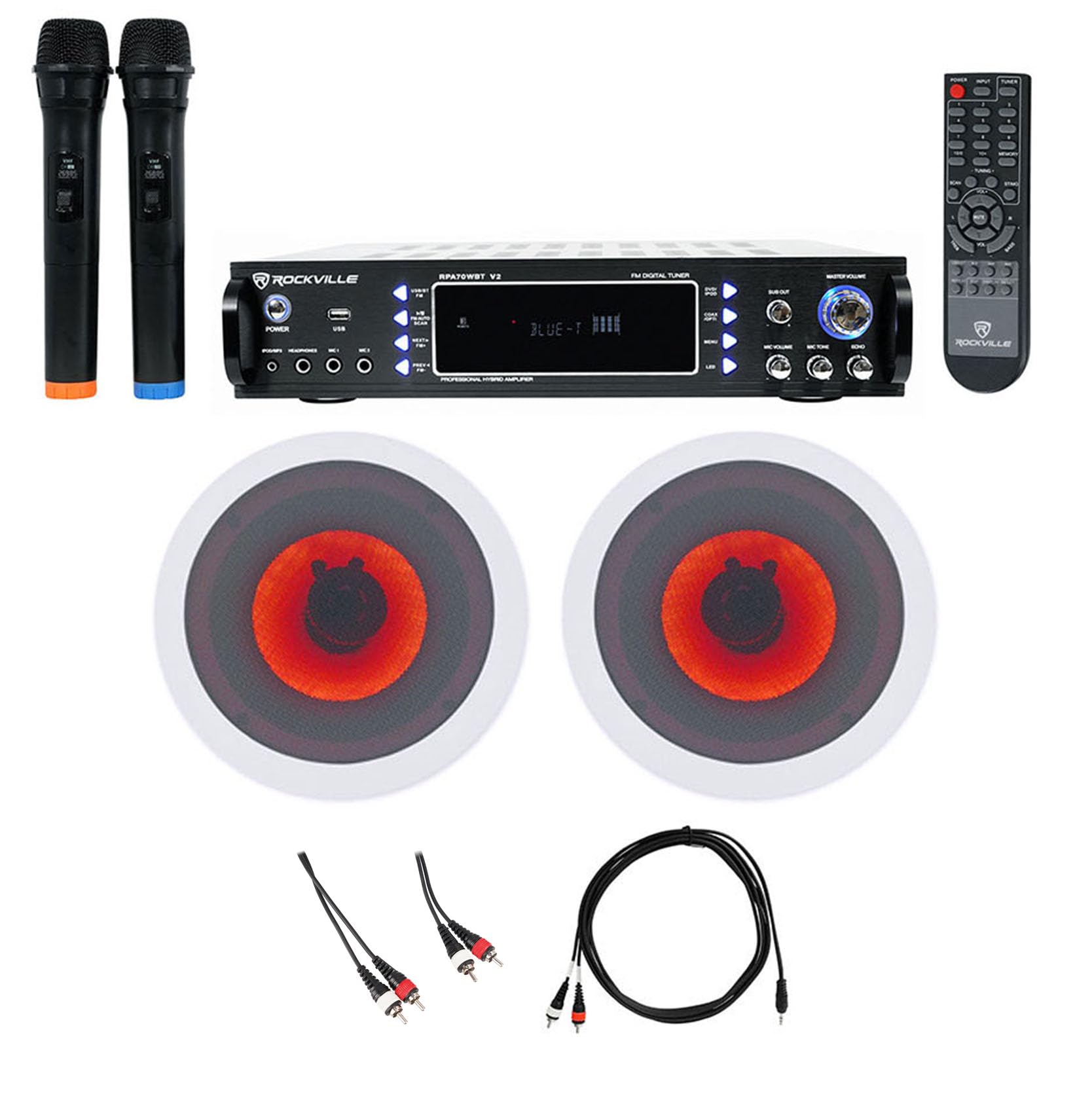 Rockville RPA70WBT V2 Karaoke Amplifier with HC65-LED Ceiling Speaker Pair