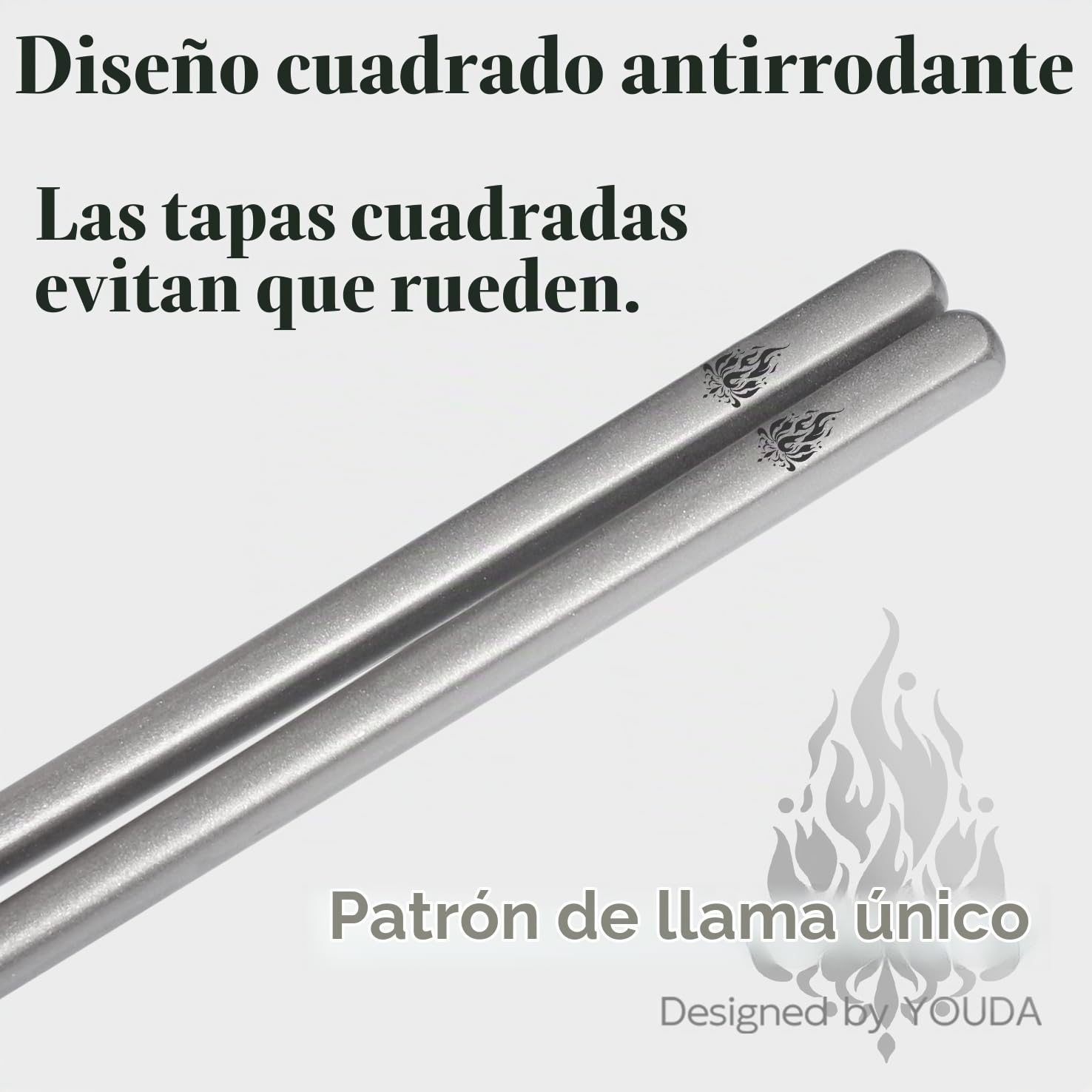 5 Pares de Palillos de Titanio Puro (24 cm) - Diseño Cuadrado Antideslizante y Extra Largo - Ultra Livianos (0.8 oz), Patrón de Llama - Aptos para Lavavajillas - Regalo para Foodies (Plateado)