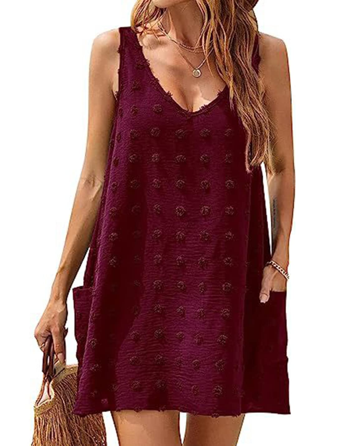 ABYOVRT 2024 Vestido de Playa Informal Vestidos Corto con Cuello en V de Verano Correa de Espagueti Casual para Mujer con Bolsillos