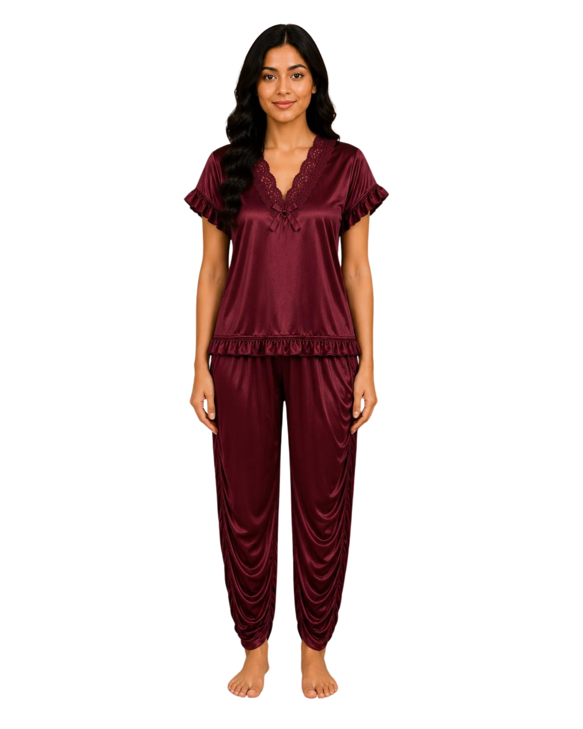 Women's Satin Dhoti Night Suit Set | Soft Silky Lace V-Neck Top & Draped Dhoti Pajama | Comfortable Nightwear Lounge Wear-picture-43