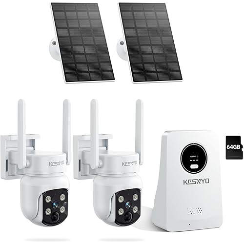 Solar Powered Security Cameras Wireless Outdoor, 4MP Cameras, 2 Cam kit with Color Night Vision, 360° PTZ, with 64G SD Local Recording, No Monthly Fees