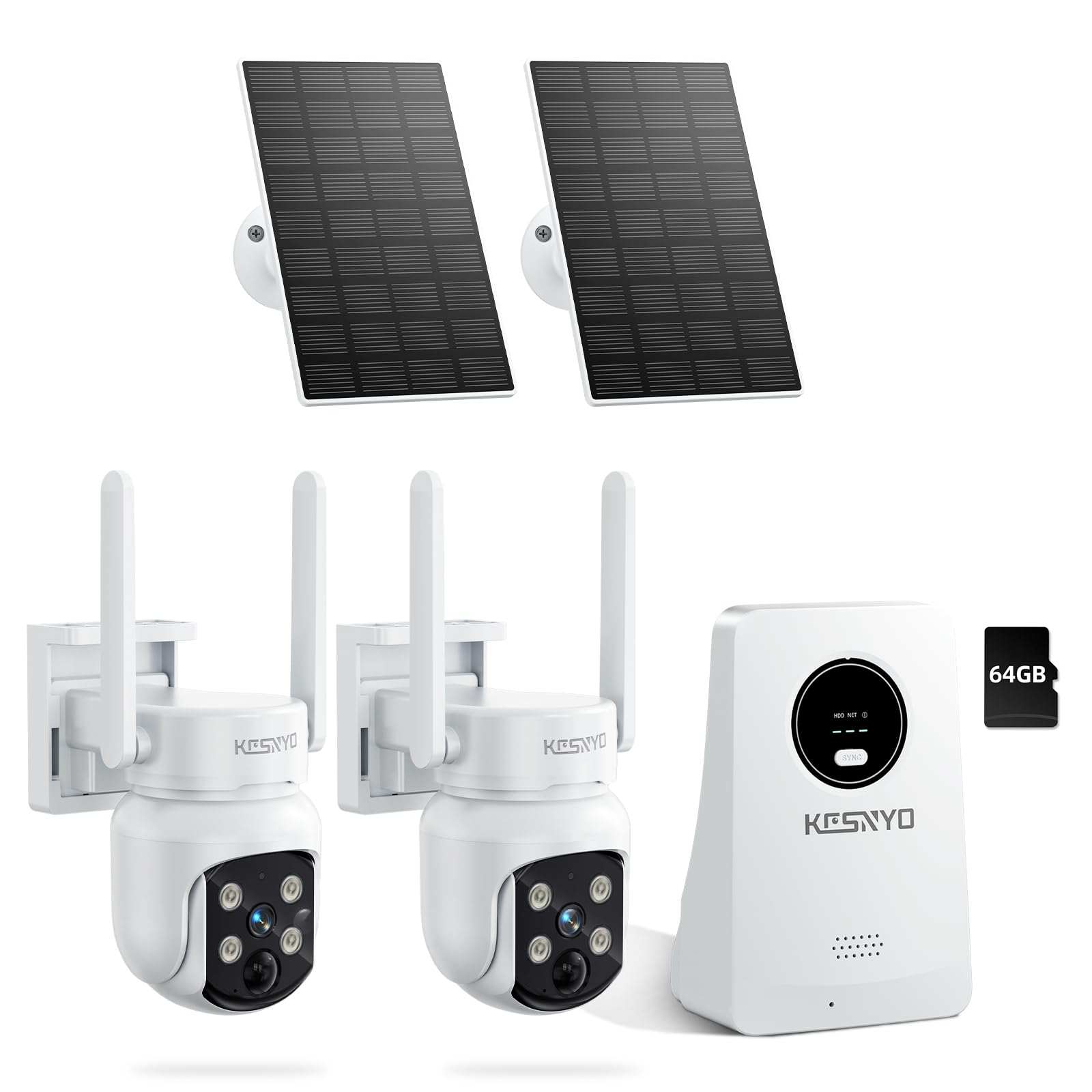 KCSNYO Solar Powered Security Cameras Wireless Outdoor, 4MP Cameras, 2 Cam kit with Color Night Vision, 360° PTZ, with 64G SD Local Recording, No Monthly Fees