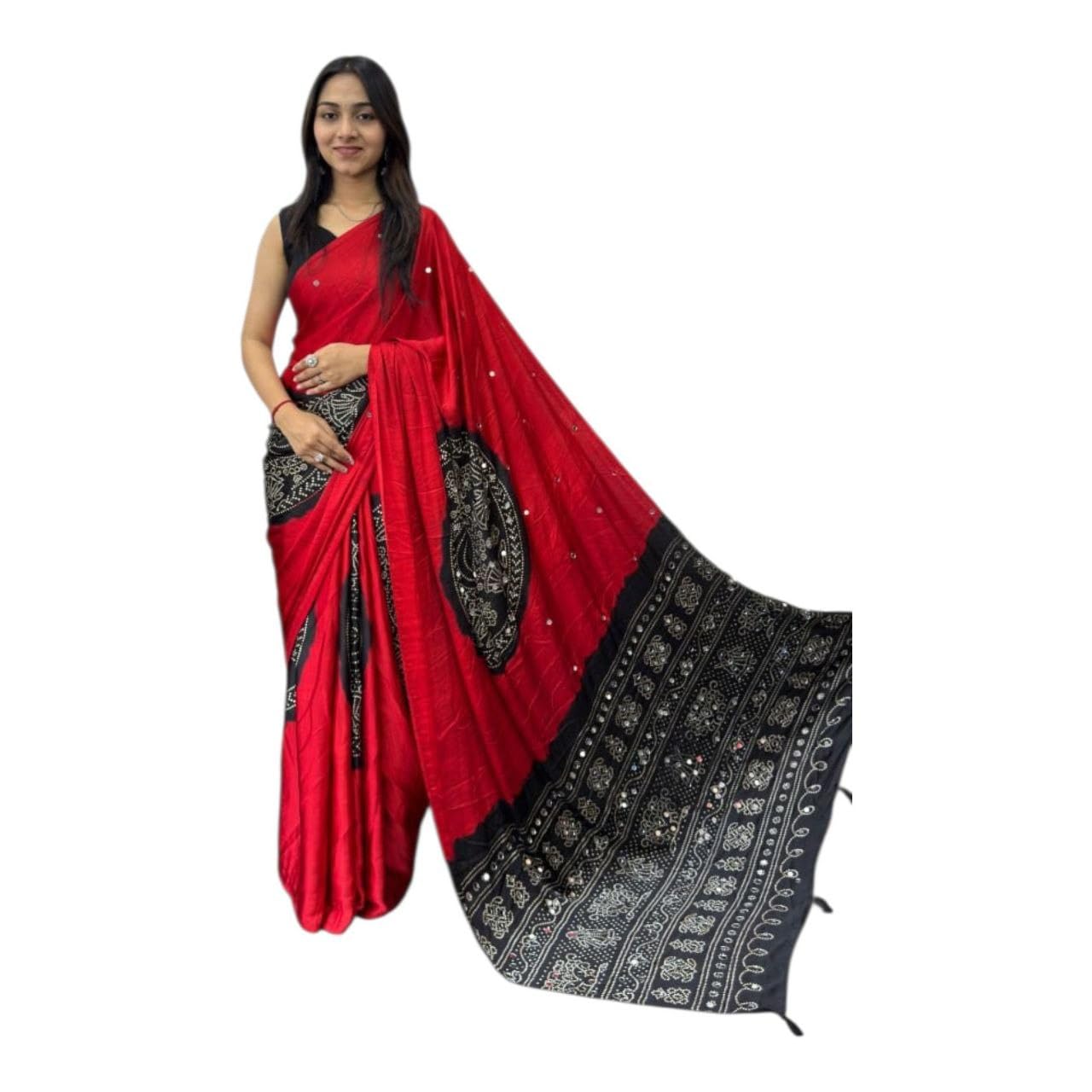Women's Ajrakh Printed Modal Gajji Silk Soft Real Mirror Work Saree & Blouse (Unstitched)-image-43