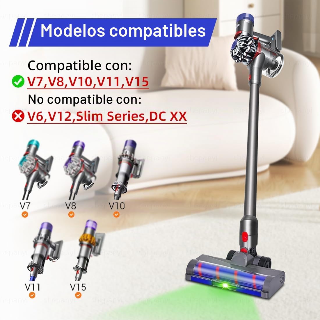 Cabezal de Cepillo de Rodillo Suave LED de Repuesto Compatible con Dyson V7,V8,V10,V11,V15 Aspiradora – Cabezal Solo para Suelos Duros,No Adecuado para Ningún Tipo de Alfombra.