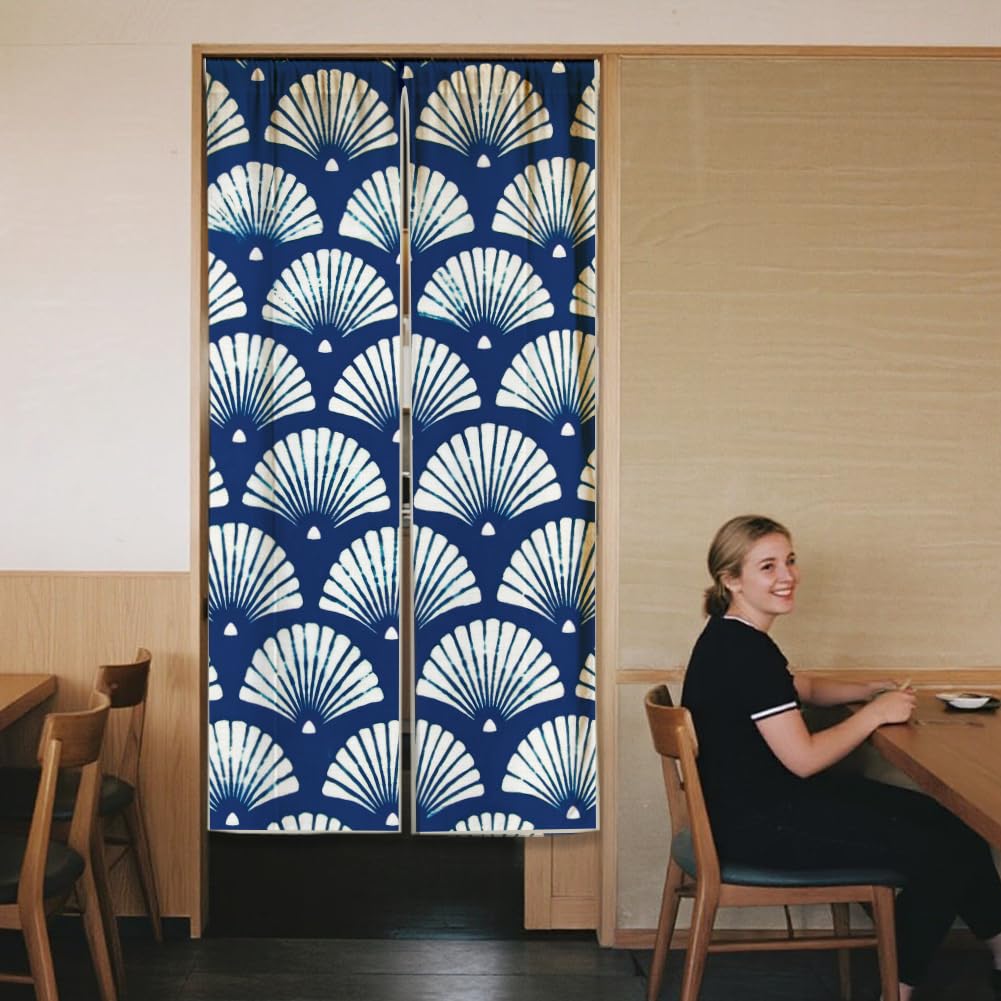 CHGCRAFT Rideau Porte Éventail Blanc pour D'Entrée Style Japonais Rideaux Séparation Pièce à Motif Indigo Rideau de Portes Pliantes pour Placard Chambre à Coucher Salon Porte D'Entrée 59x33 Pouce