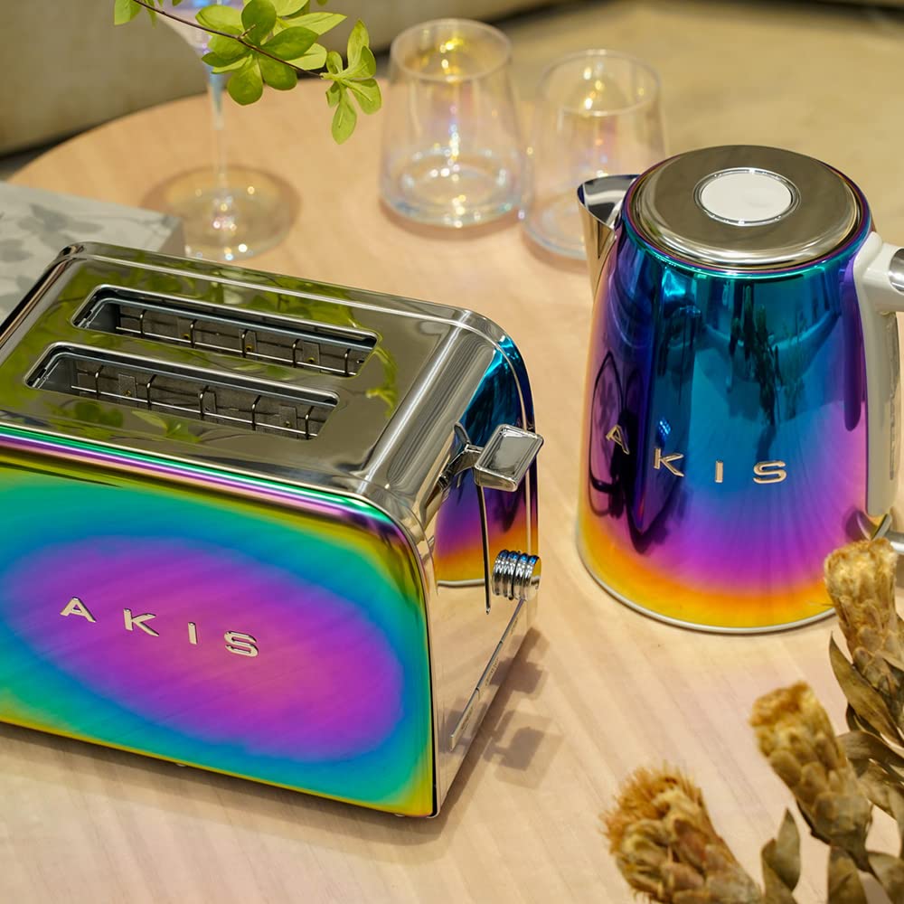AKIS La Fête Design Toaster und Wasserkocher Set Edelstahl Regenbogen 850W 1,7L 2400W