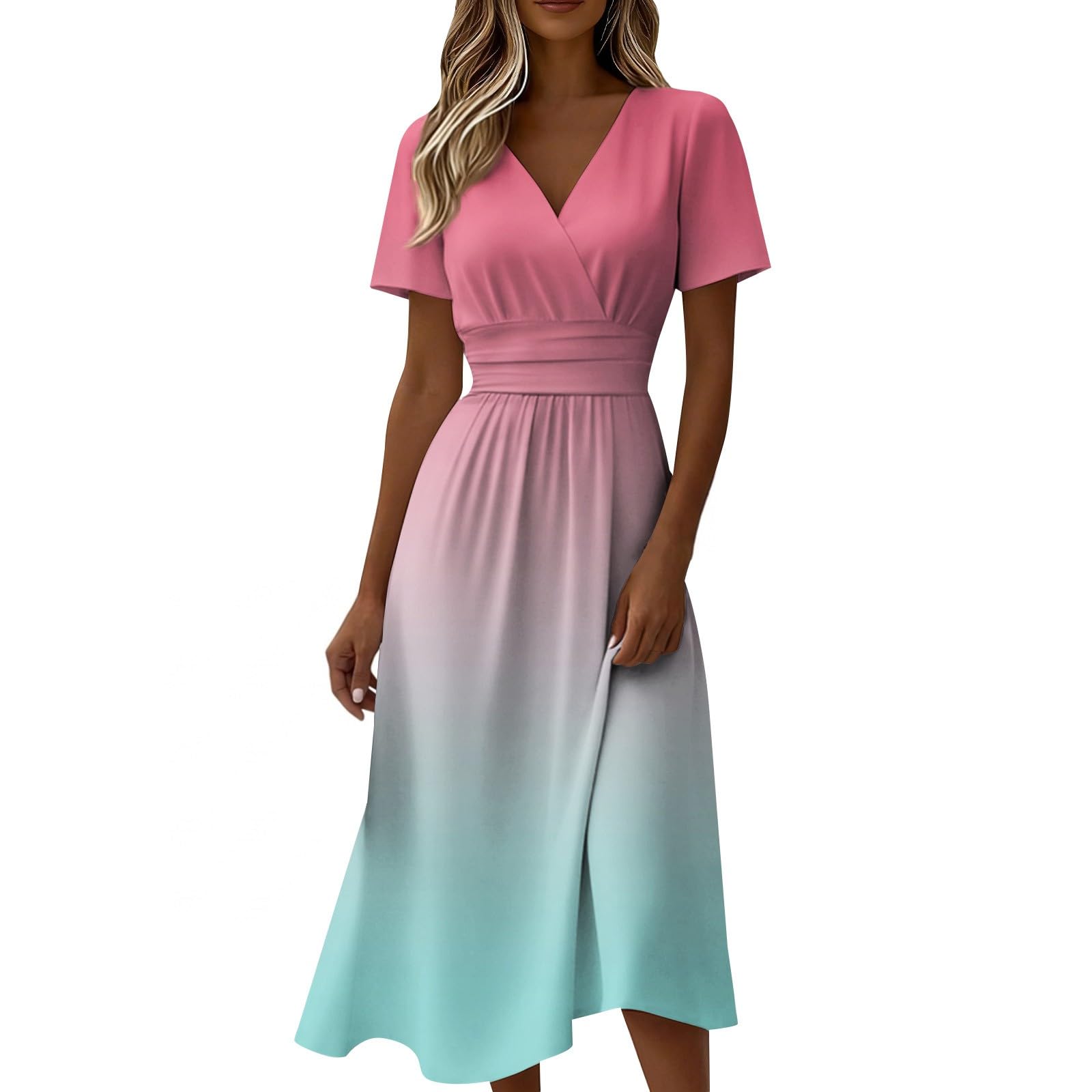Generico Sommerkleid für Damen – Langes Sommerkleid für Damen, Midi-Kleid, A-Linie, hohe Taille, gerüscht, V-Ausschnitt, mit Schlitz, Farbverlauf, lässig, böhmischer Stil, für Urlaub