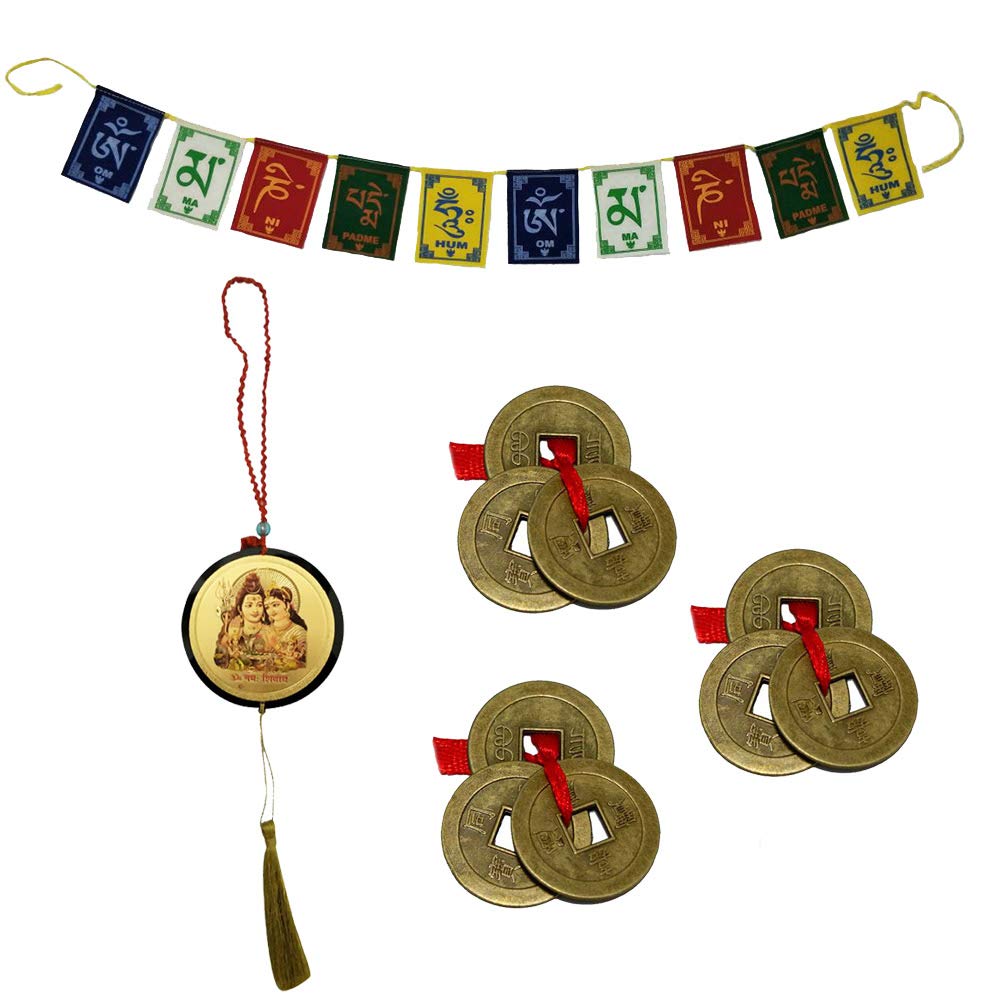 Amazon.co.jp: Divya マントラ 3点セット 風水 中国製 1インチ コイン レッドリボン お金/富 幸運 チベット仏教  オム・マニ・ペメ・フム ポジティブバイブ 祈りの旗 & スリ・シヴァ パーバル 車 バックミラーハンギングセット : ホーム＆キッチン