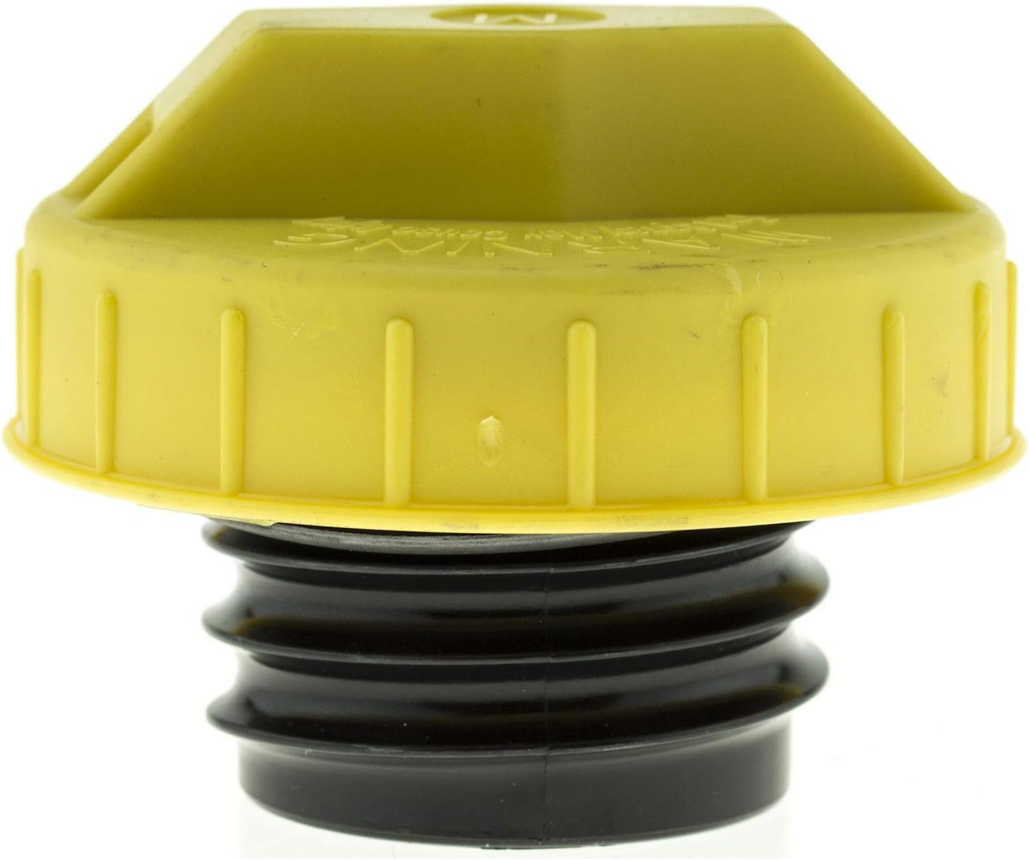 Side view of the yellow Stant Flex Fuel Regular Fuel Cap, showing the cap and threaded base.