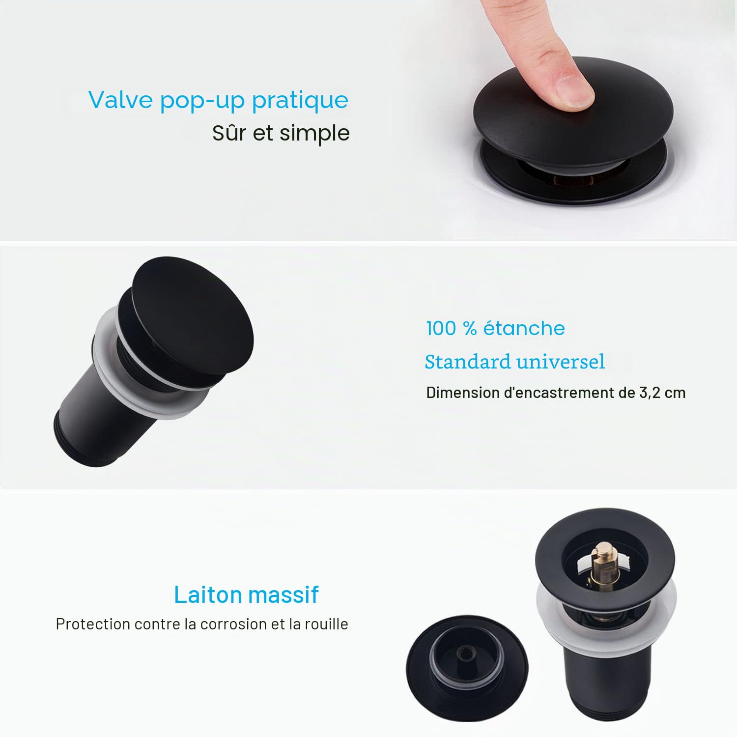 Kit – Siphon à Tasse avec Bonde avec Trop-plein pour Lavabo Noir mat, Laiton Universel Siphon Anti-Odeur, 1 1/4 Syphon Sifon