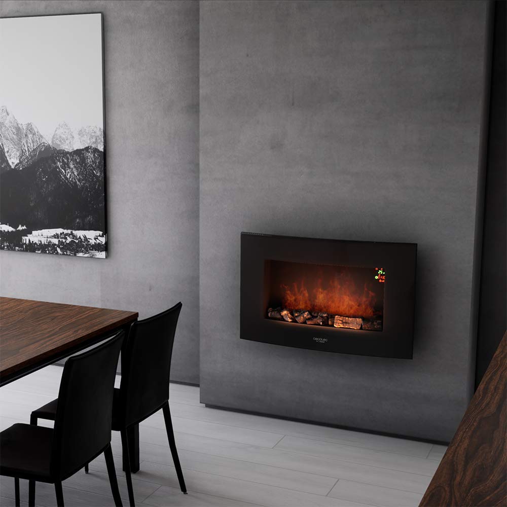 Cecotec Foyer électrique décoratif Ready Warm 2250 Curved Flames. 2000 W, Taille 22", WiFi, 2 Niveaux de Puissance, Télécommande, Panneau incurvé, Minuterie, 20 m2 (35", Noir | Télécommande)