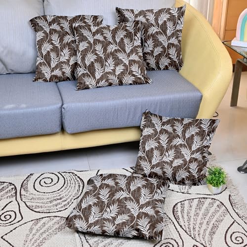 Image of Divine Casa Cushion Covers Set of 5 Rich Brown | 16x16 Inch Jacquard Sofa Cushion Covers | Decorative Leaf Pattern Throw Pillow Covers for Home Decor