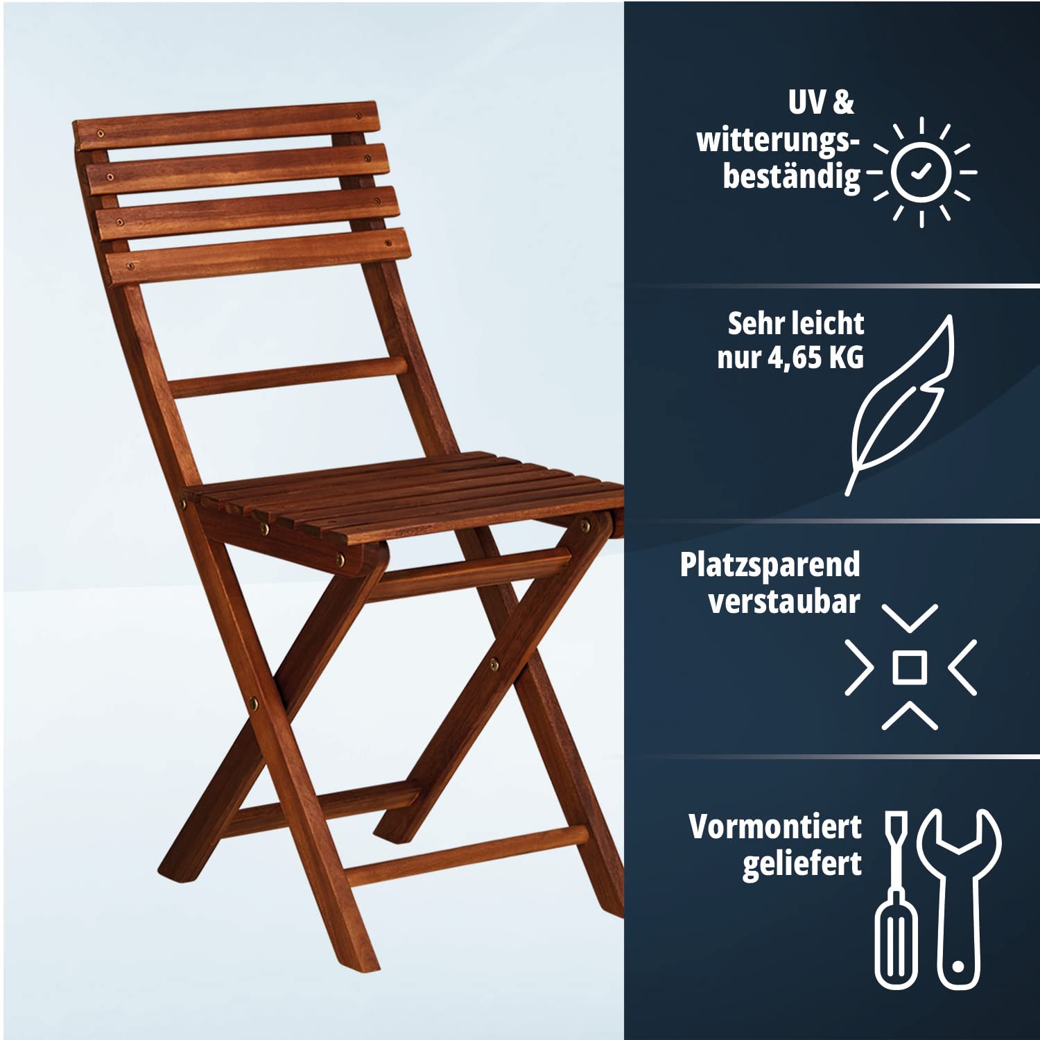 KHG Garten-Klappstuhl 2er Set aus Akazien-Echtholz mit hoher Rückenlehne, Balkonstuhl, wetterfest, klappbar, platzsparend, Outdoor, Dunkelbraun, 120kg belastbar