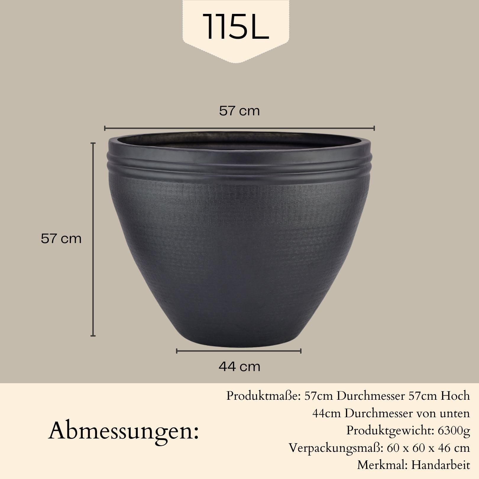Marrakesch XXL Aluminiowa donica na kwiaty, Ø 57 cm, czarna matowa, 115 l, duża, okrągła, do użytku na zewnątrz, do wnętrz, do ogrodu, na balkon i do salonu