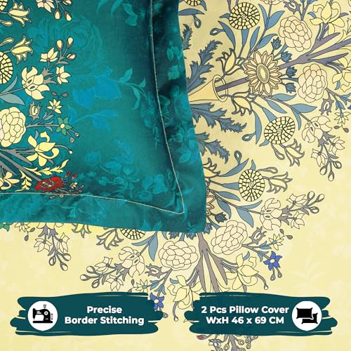Image of Story@Home Rajasthani Theme Jaipuri Handblock Inspired Ethnic Print Double Bedsheet 250x225 cm with Pillow Covers | Cotton Feel 240 TC Soft Fabric | Yellow Green Design