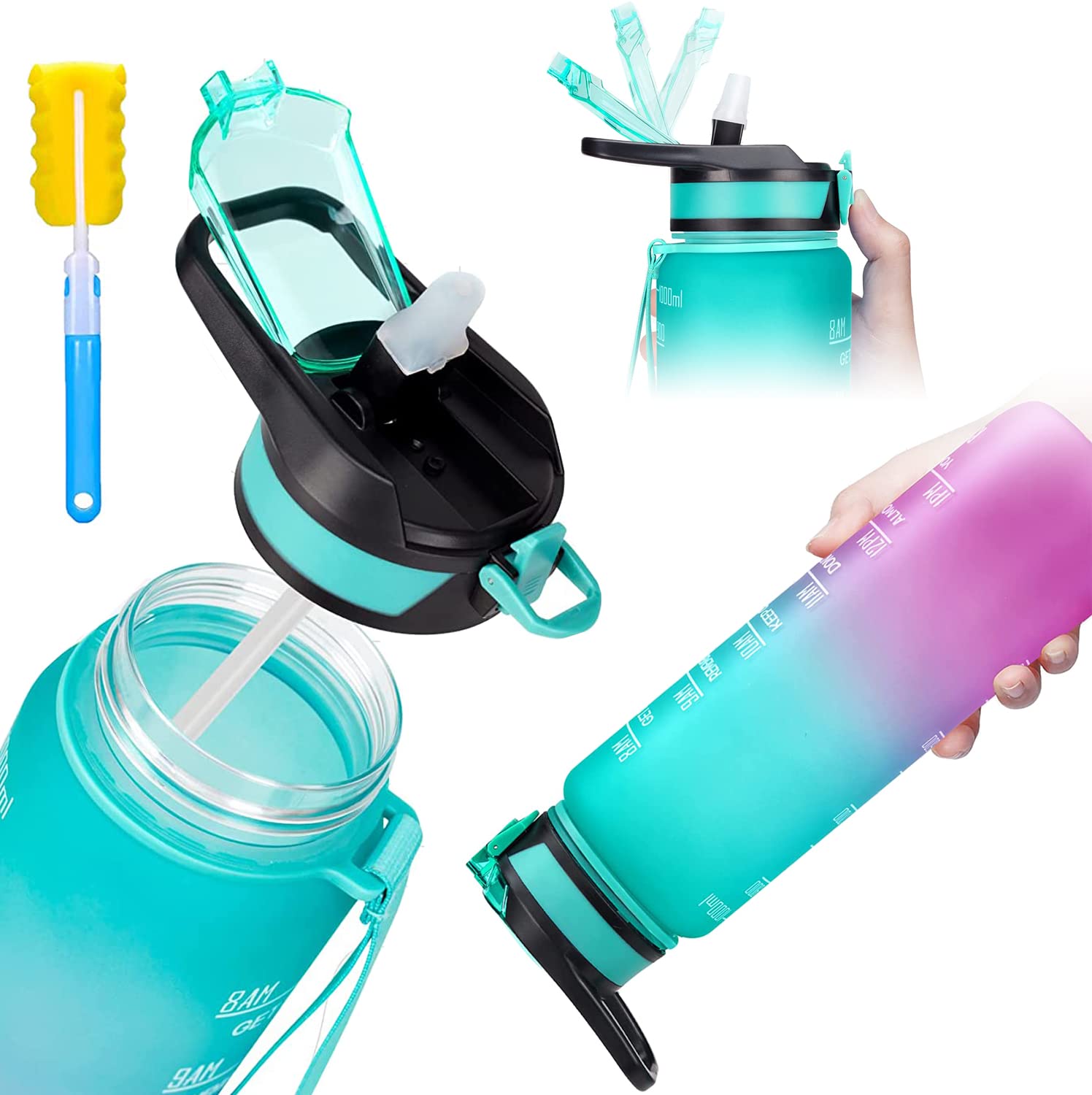 Tycom Water Bottle 1L Gym Bottle Sport Bottle, Motivational Sports Bottle with Time Marker, Leakproof Drinking Sport Gym Water Bottles for Fitness, Gym Outdoor - Handle Straw Blue Purple