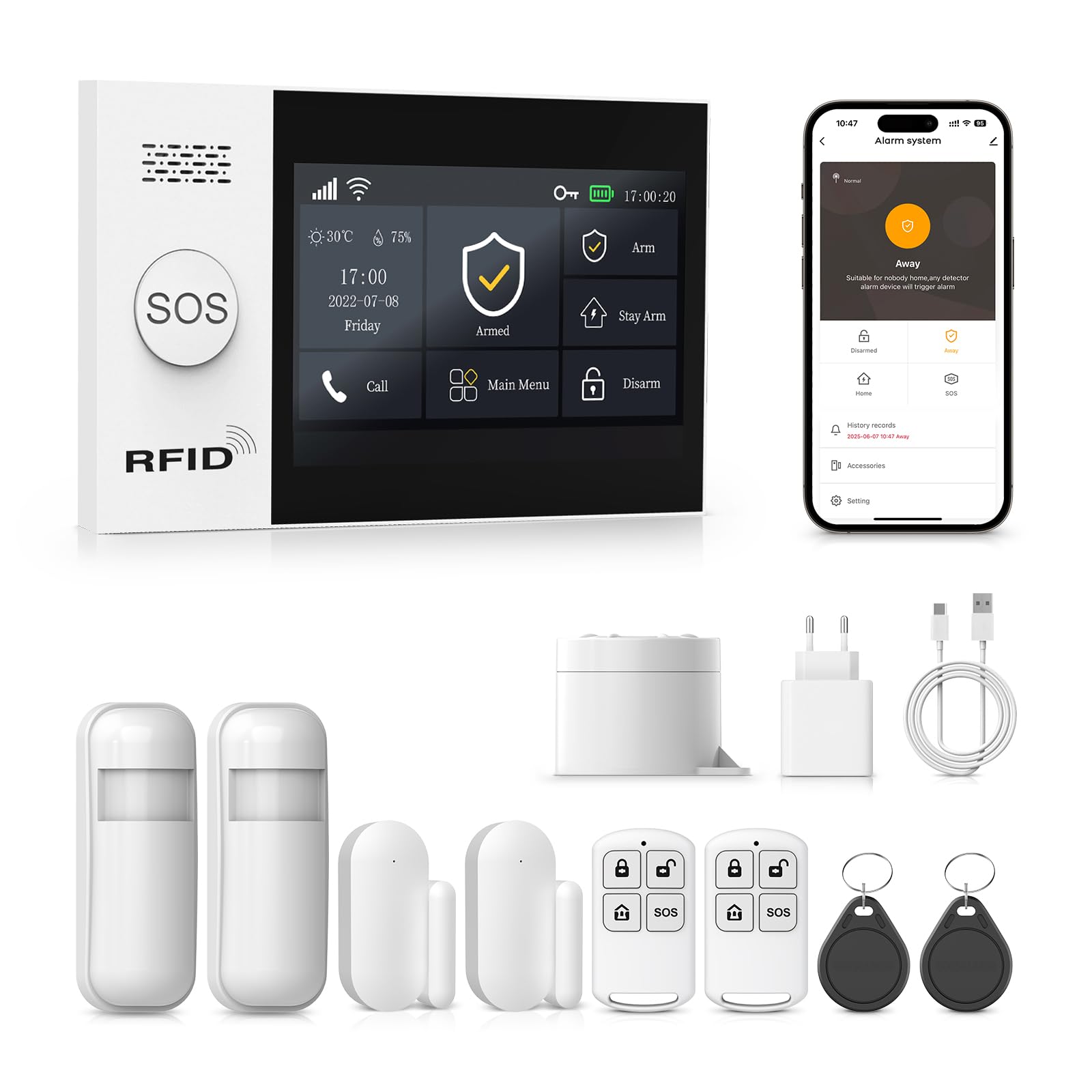 PGST Home Alarm Kit with Mobile Alarm, WiFi and GSM Home Alarm System without Fees with Touch Screen 4.3" and 1000 mAh Battery, Tuya Smart Life App, Alexa and Google