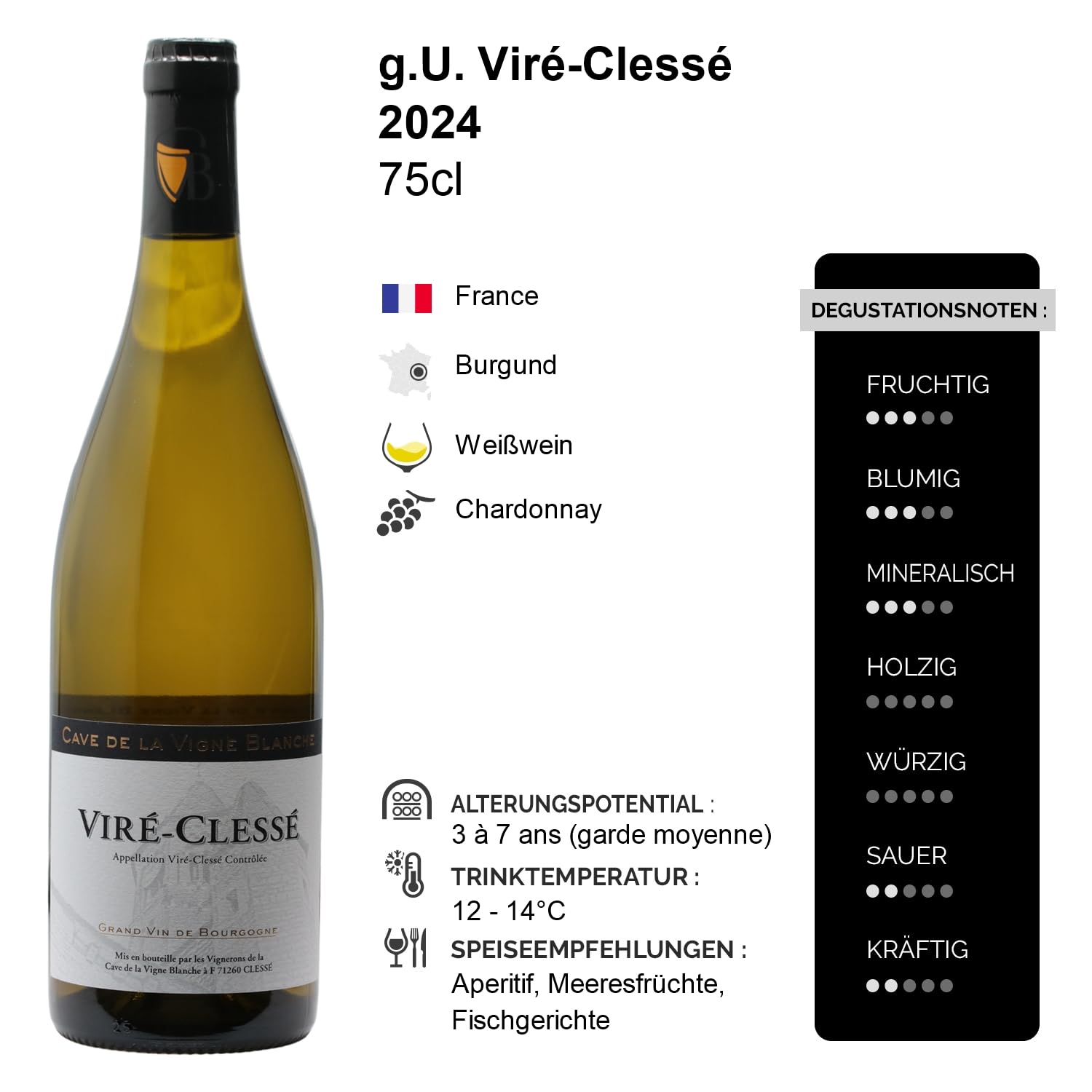 Viré-Clessé Weißwein 2024 - Cave de La Vigne Blanche - g.U. - Burgund Frankreich - Rebsorte Chardonnay - 6x75cl