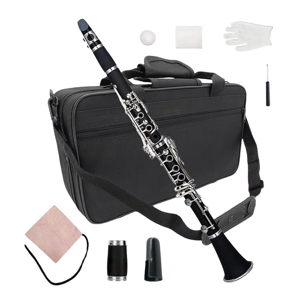 Fortschrittliche professionelle Bassklarinetten B Flachklarinette 17 Tasten Ebonit Klarinette vernickelt Kit inklusive leichtem und langlebigem Nylon überzogenem Hartschalenkoffer