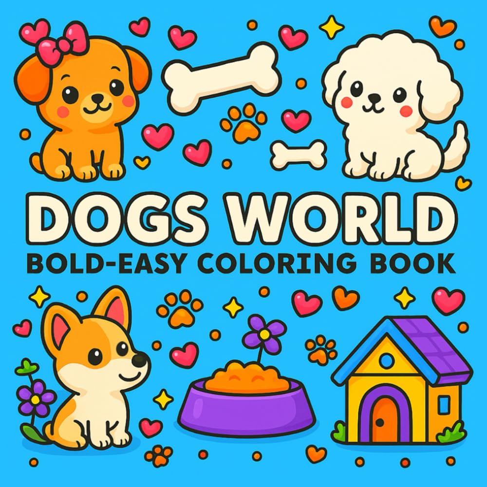 Dogs World - Bold-Easy Coloring Book: Dog Coloring Book For Adults And Kids With Poodles, Labrador Retriever, French Bulldogs And Many More (Cute &