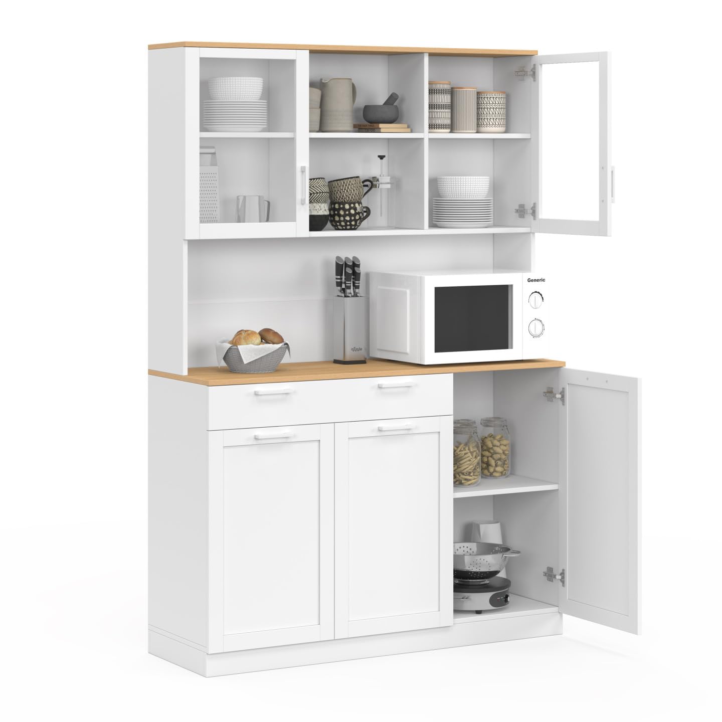 IDMarket - Buffet de Cuisine vitré 120 cm VITO Blanc Plateau façon hêtre