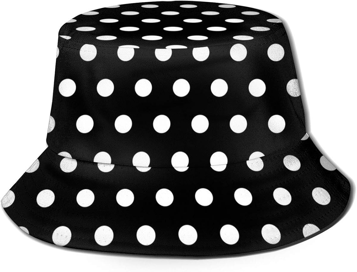 Black and White Polka Dot Bucket Hat Reversible Fisherman Cap Beach Sun