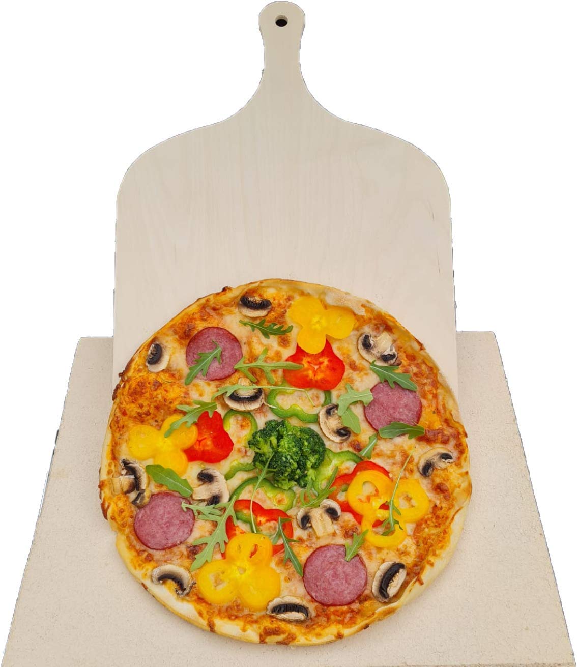 Pizzastein Brotbackstein Backofenplatte versch. Formate mit Holzschieber für Backofen, Grill & Smocker aus massiver Schamotte - (Format 40 x 30 x 2,0 cm incl. Schieber) Lebensmittelecht
