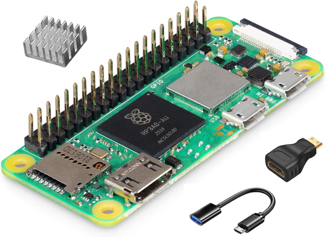 Vemico Raspberry Pi Zero 2 WH Kit, Raspberry Pi Zero 2 W con connettori GPIO pre-saldati, dissipatore di calore, adattatore mini HDMI a HDMI, cavo micro USB OTG