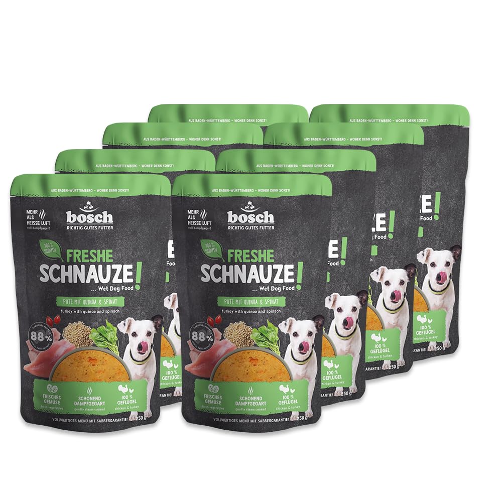 Bosch Freshe Schnauze, Pute mit Quinoa und Spinat 8 x 250 g, Schonend Dampfgegartes Nassfutter für Hunde, Vollwertiges Alleinfuttermittel mit hohem Fleischgehalt, 8 x 250 g Hundenassfutter