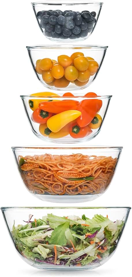 5pc Glass Mixing Bowls Sets (4.65QT, 2.80QT, 1.64QT, 1.16QT, 0.85QT), Glass Nesting Kitchen Thick Bowl for Baking, Cooking Prep, Storage, Large Salad Bowls Sets-Dishwasher Microwave Freezer Safe