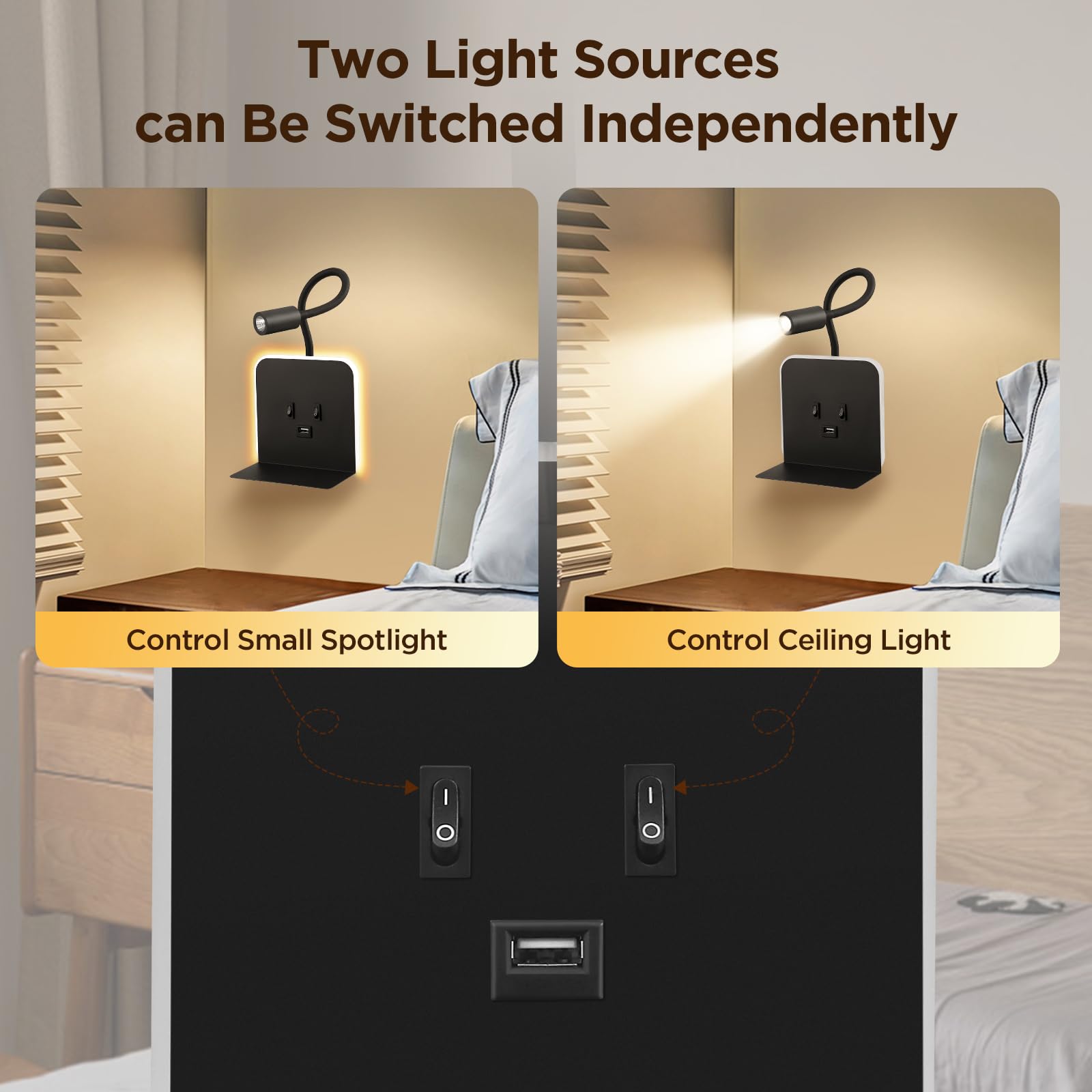 Lampada da Lettura LED 3W + 9W 3000K, Lampada da Parete con Porte USB e Vassoio per Telefono Faretto, faretto da Lettura a Muro Luce Ambientale Regolabile e Flessibile per Camera(Schwarz, 2 Stück)