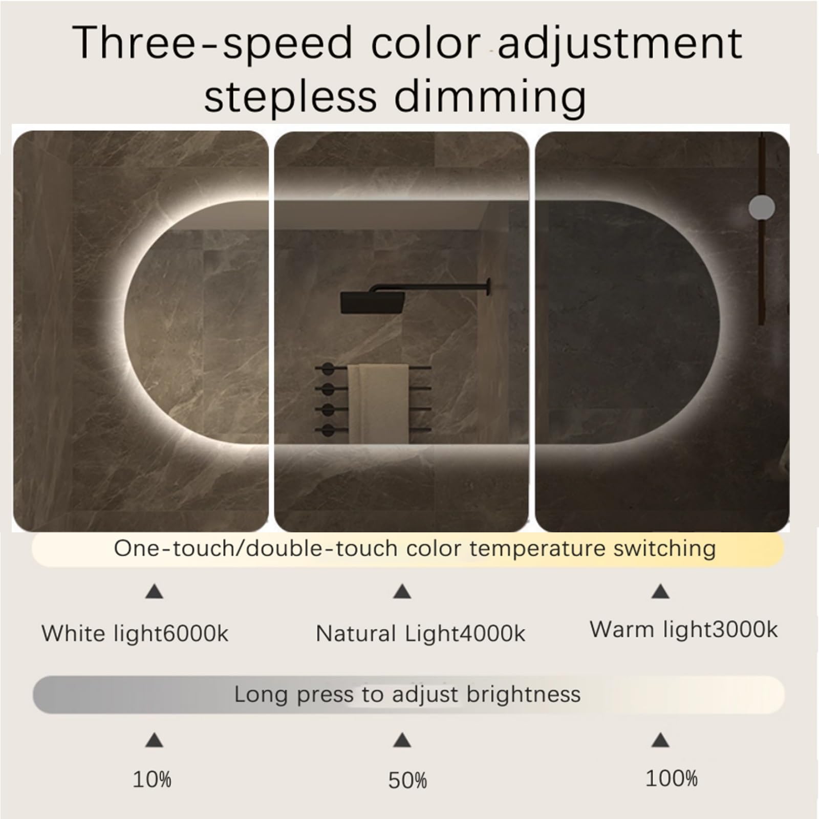 Specchio decorativo creativo specchio Da Bagno A LED Ovale 3 Colori Regolabili Antifog Resistente All'acqua Specchio Da Parete Con Smart Touch Button Specchio Cosmetico Illuminato(100*50*3cm/39.4*19.7