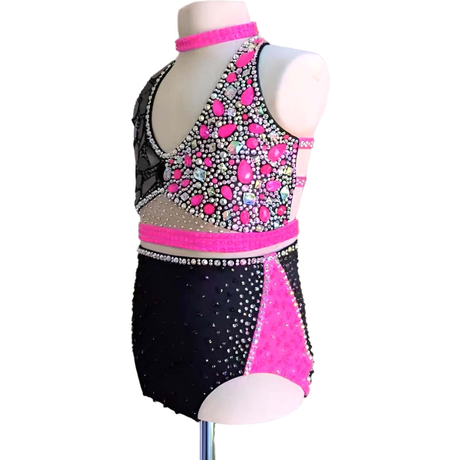 Lyrisches Tanzkostüm für Damen Zweiteilig mit Stehkragen und Strass | Modernes Tanzoutfit, Elastischer Spandex mit Atmungsaktivem Mesh und Großen Kristallen, Riemenrücken für Wettbewerb